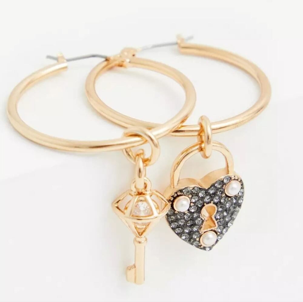 TORRID & Betsey Johnson Momento Mori Gold Hoop Heart Lock + Key Earrings